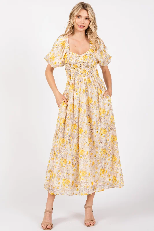 Versatile fashion for every type of woman Yellow Floral Smocked Sweetheart Neck Short Puff Sleeve Midi Dress Versatile fashion for every type of woman Yellow Floral Smocked Sweetheart Neck Short Puff Sleeve Midi Dress