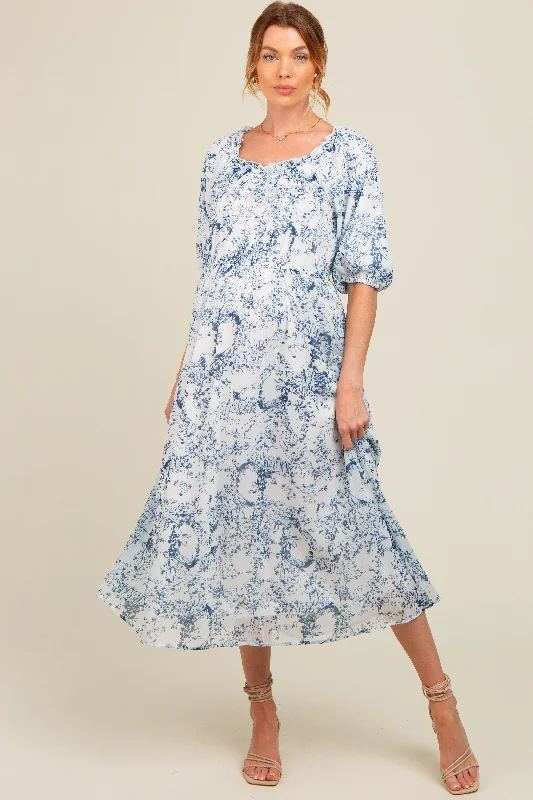 Elevate your style with fashionable women’s clothing   Blue Floral Square Neck Short Puff Sleeve Maternity Midi Dress