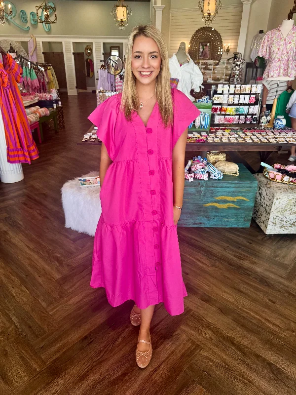 Refresh your wardrobe with trendy women’s apparel   Cute As A Button Midi Dress: Pink