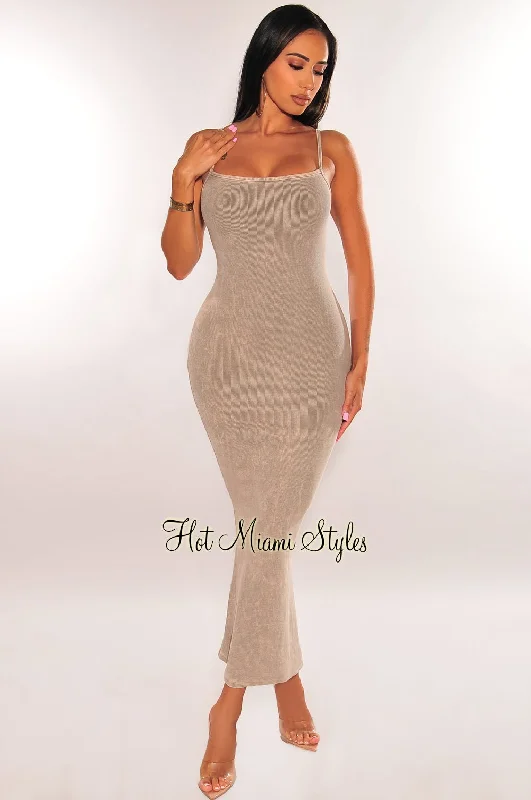 Effortlessly chic outfits for the modern woman   Taupe Vintage Wash Ribbed Spaghetti Straps Scoop Back Vent Maxi Dress