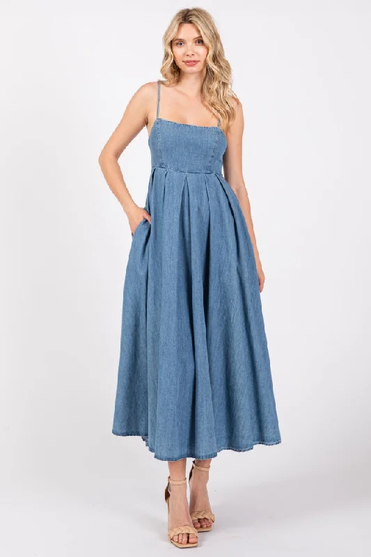 Confidence-boosting clothing for women   Blue Back Tie Straight Neck Maternity Midi Dress