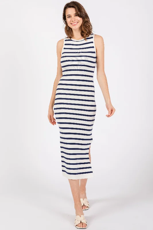 Fashionable, yet affordable women’s apparel   White Navy Striped Knit Sleeveless Side Slit Midi Dress
