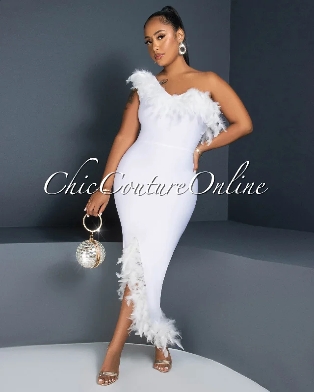 Dress to impress with elegant women’s wear   Maverick Off-White Feather Accent Bandage Midi Dress
