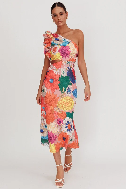 Deanna One-Shoulder Ruffle Floral Maxi Dress Orange