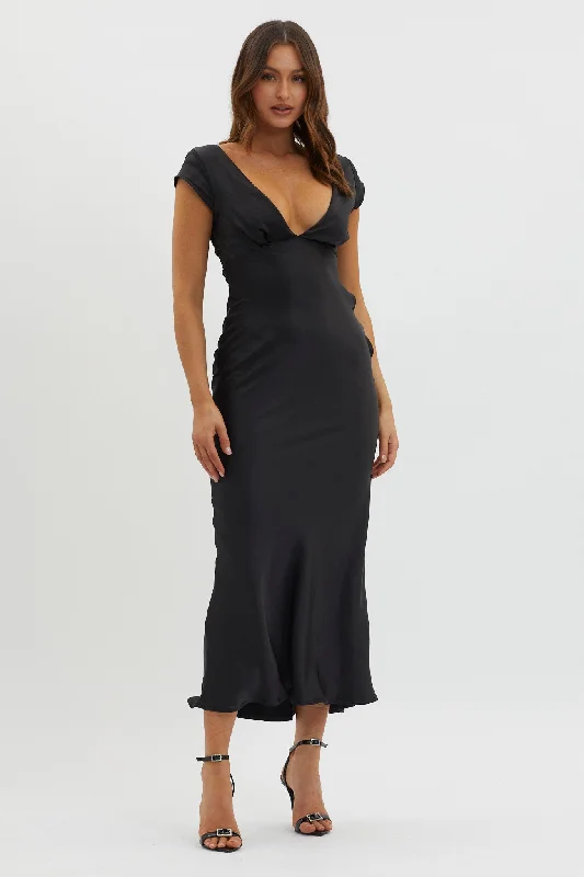 Lucinda V-Neck Twist Back Midi Dress Black