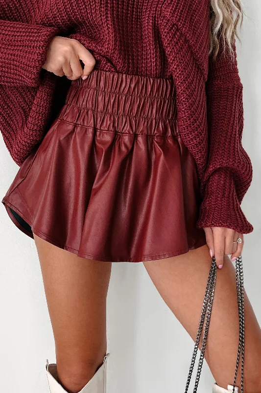 High-quality women’s wear for everyday elegance   Flirty Allure Smocked Waist Faux Leather Skort (Wine)