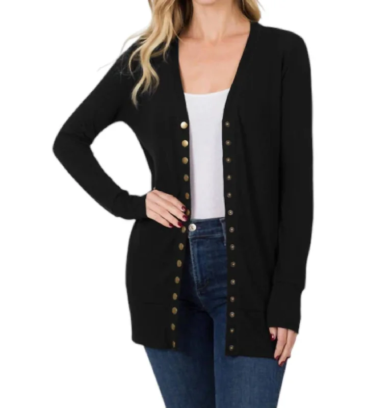 A perfect wardrobe for fashionable women   Flora Snap Button Cardigan In Black