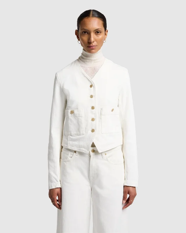Comfortable yet stylish outfits for women on the go MANKIND Collarless Jacket in Vintage White Comfortable yet stylish outfits for women on the go MANKIND Collarless Jacket in Vintage White