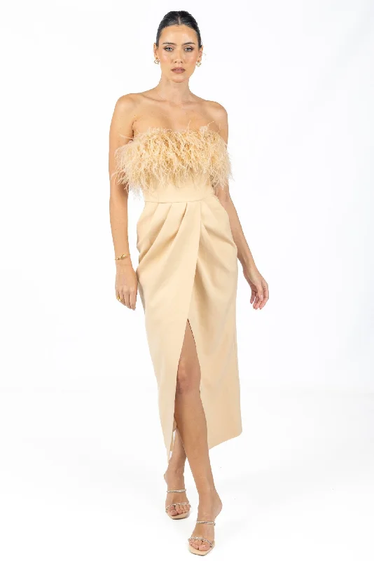 Elegant casual clothing for modern women   Diane Midi Feather Dress Beige