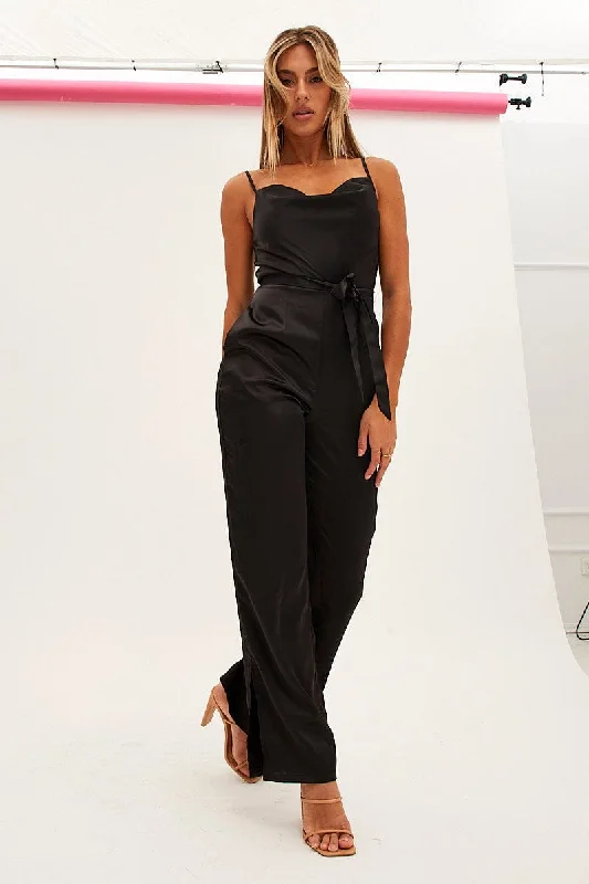 Black Satin Jumpsuit Cowl Neck Belted Waist