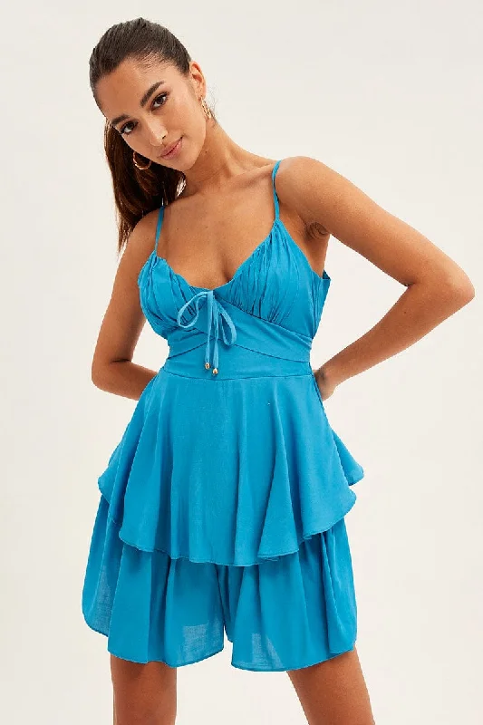 Elegant evening wear for special events   Blue Fit And Flare Playsuit Sleeveless V-Neck