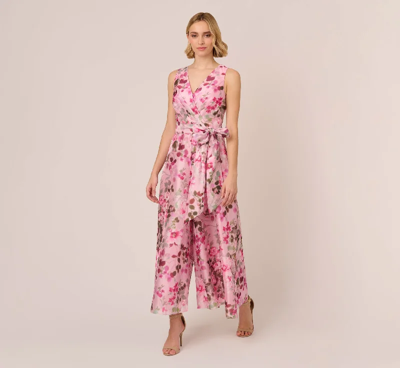 Elevate your style with fashionable women’s clothing   Floral Print Organza Sleeveless Jumpsuit With Self Tie Waist In Pink Multi