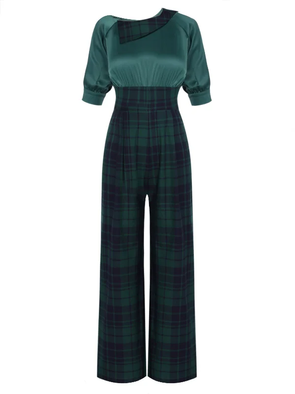 Green 1930s Plaid Patchwork Puff Jumpsuit