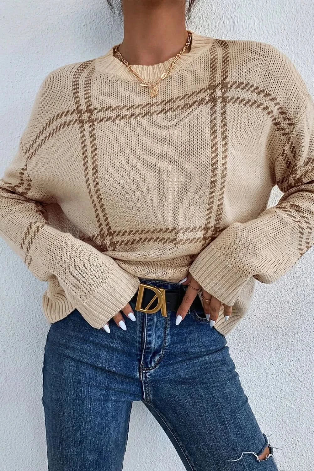 Stylish clothing designed to flatter every woman   Plaid Round Neck Dropped Shoulder Sweater