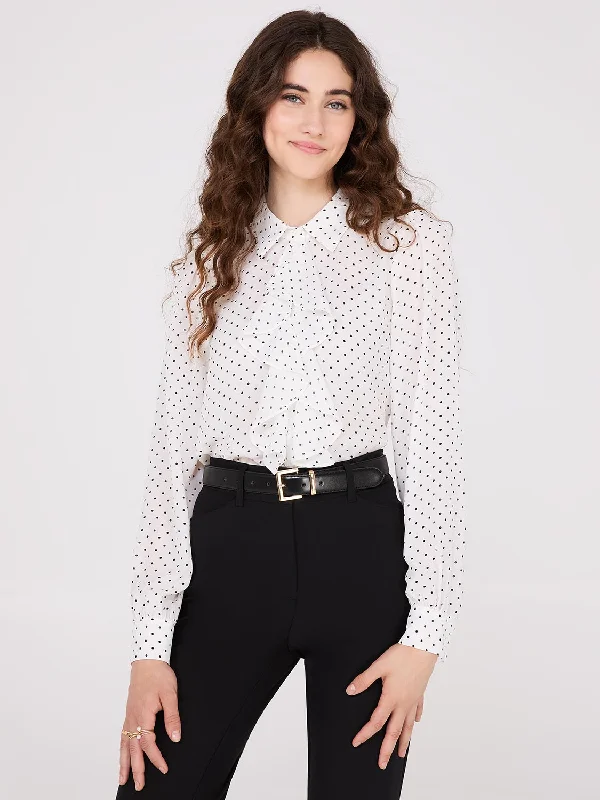 Bold fashion choices for the confident woman   Dot Print Ruffle Button-Front Blouse
