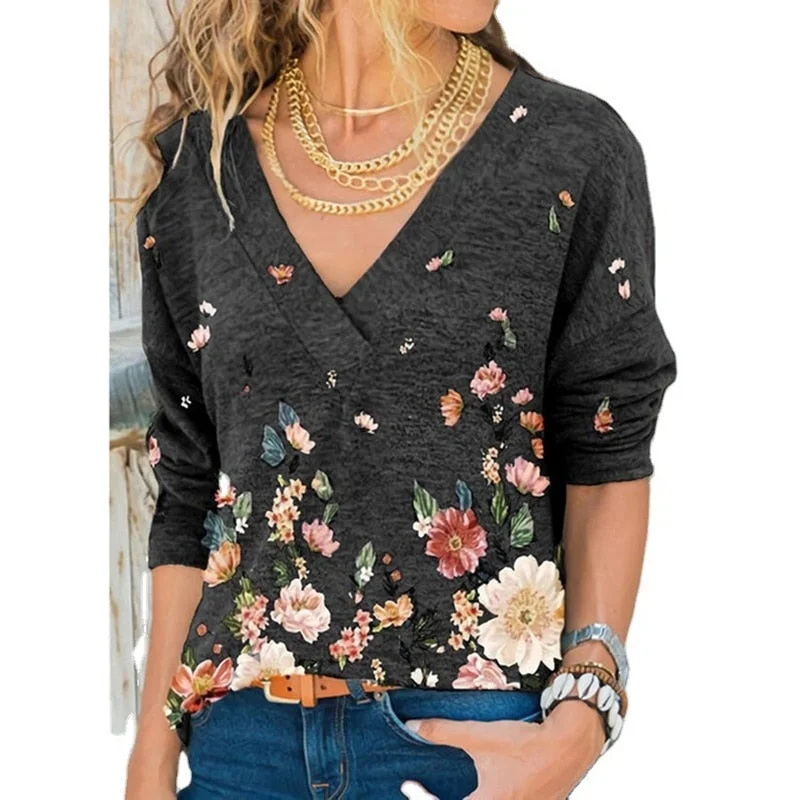 Trendy women’s clothing that suits every taste Amy Fashion - V-neck Flower Print Long-sleeved T-shirt Trendy women’s clothing that suits every taste Amy Fashion - V-neck Flower Print Long-sleeved T-shirt